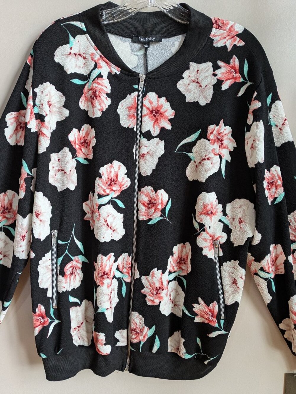 NWT relativity black floral lightweight zip up jacket women size XL pockets #678